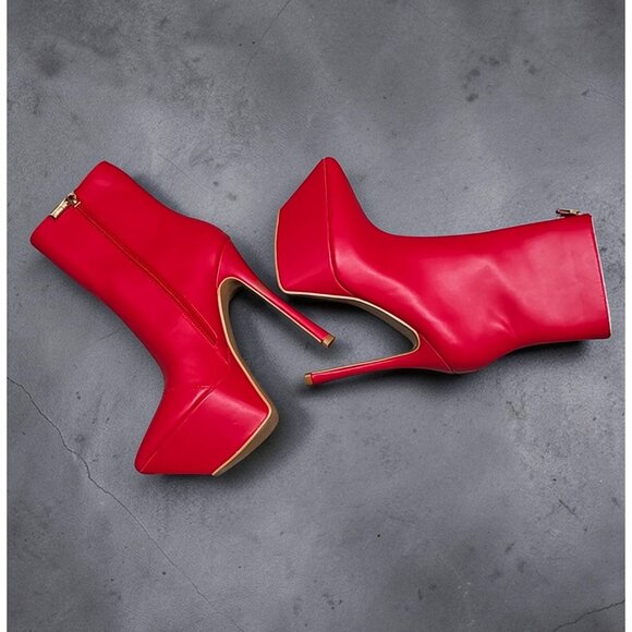 Red Platform Stiletto Heel Ankle Boots With Side Zipper Closure & Pointed Toe De - Picture 4 of 7